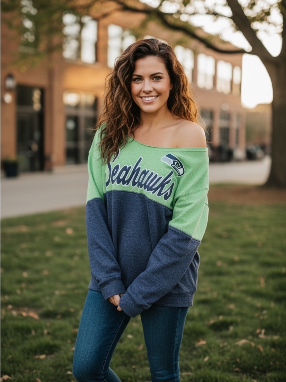 NFL team apparel Off-Shoulder Fleece Sweatshirt Seattle Seahawks - Green & Navy